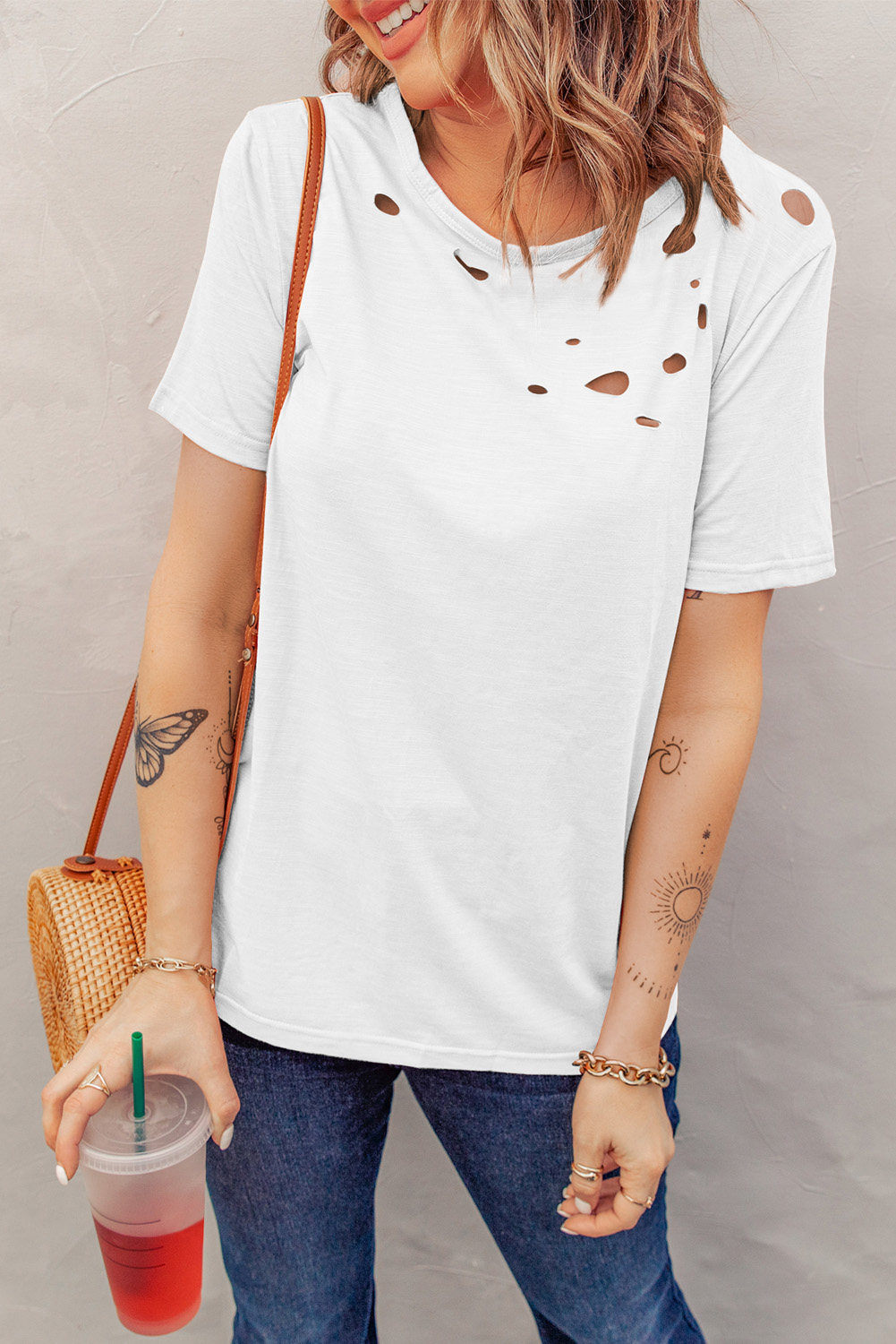 Blank T Shirt - White Distressed Short Sleeve Summer Plain T-Shirt Customized