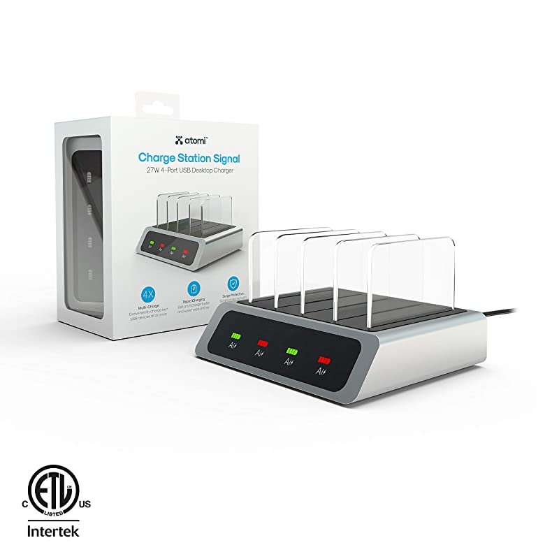 Charge Station Signal USB Desktop Charging Station Visual LED Indicators Device Dividers 4 USB Ports Silver