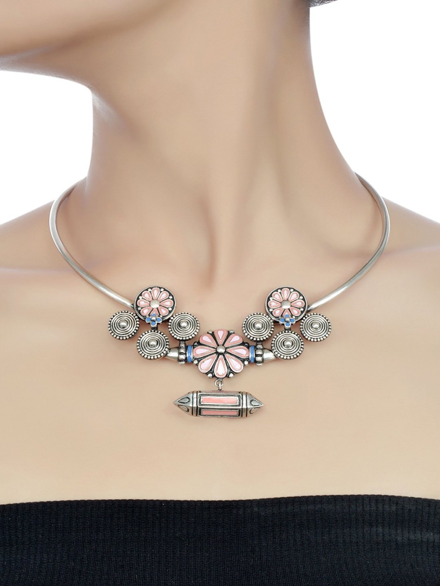 Tribe Amrapali Pink Blue Enamel Chandrika Taveez Hasli Necklace
