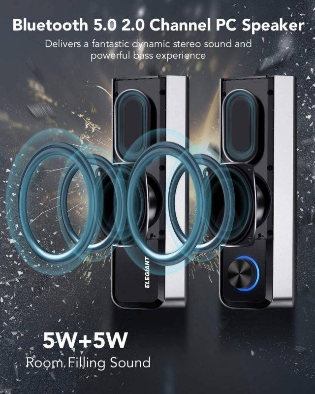 Computer Speakers, Bluetooth 5.0 PC Speakers with Stereo Sound Colorful LED Light Detachable 2 in1 Gaming Speakers Mini Soundbar 3.5mm for PC Cellphone Tablets Desktop Laptop