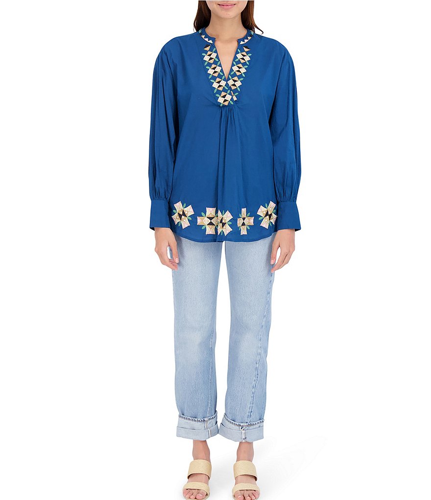 Roller Rabbit Tallulah Long Sleeve Split V-Neck Geo Embroidered Blouse