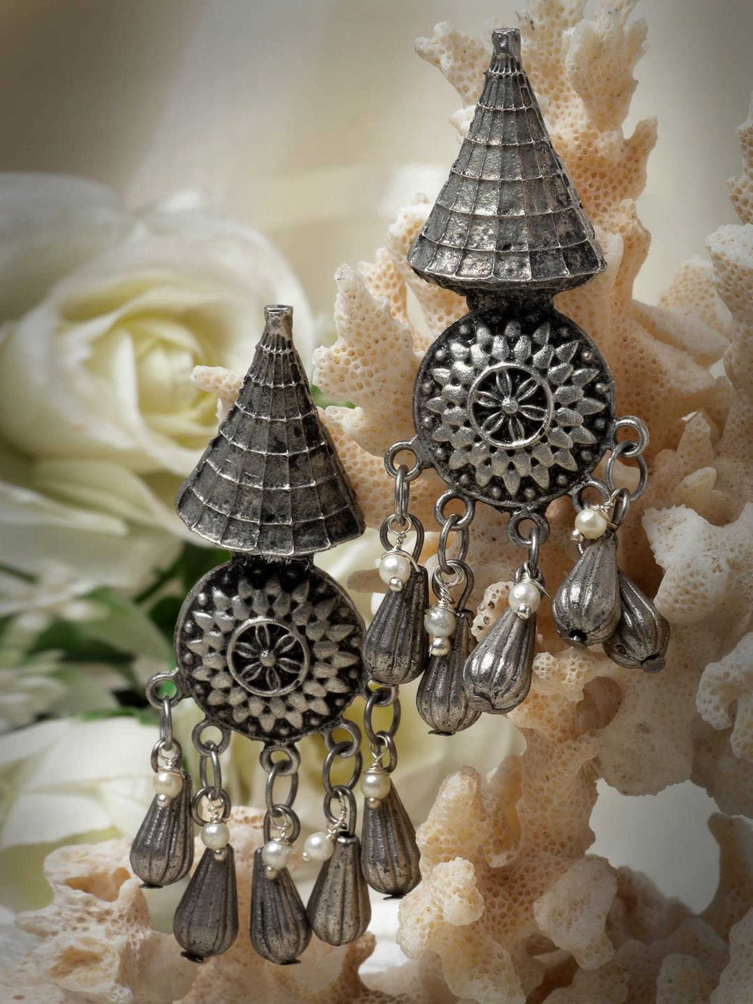 Moedbuille Pearls and Beads Antique Tasselled Design Oxidised Silver Plated Tribal Earrings