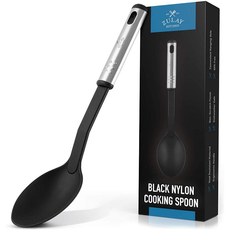 Zulay Kitchen Nylon Serving Spoon - Cooking Spoon with 410&deg;F Heat Resistant Handle - Large Kitchen Serving Spoon For Soups, Stews, and Sauces - Non-Scratch and Nonstick Black Nylon Kitchen Spoon