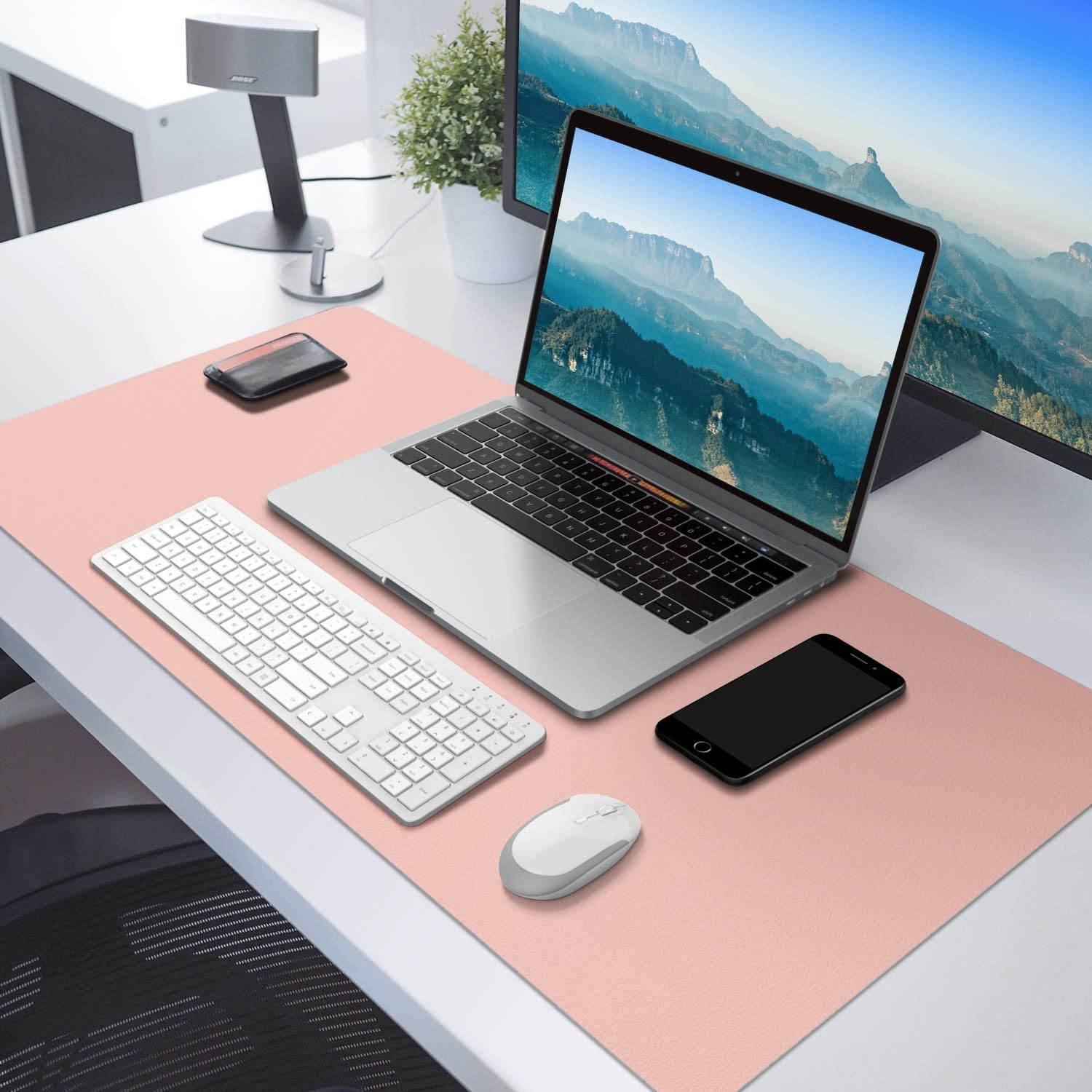 MoKo Computer Desk Mat - PU Large Extended Gaming Mouse Pad, Non-Slip Keyboard Mouse Mat, Waterproof Office Writing Desk Pad Protector, 31.5 x 15.7 x 0.08 Inch - Double Side Light Pink/Silvery Gray