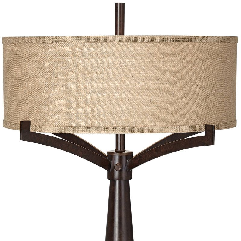 Franklin Iron Works Mid Century Modern Table Lamps Set of 2 Rich Bronze Iron Burlap Fabric Drum Shade for Living Room Bedroom