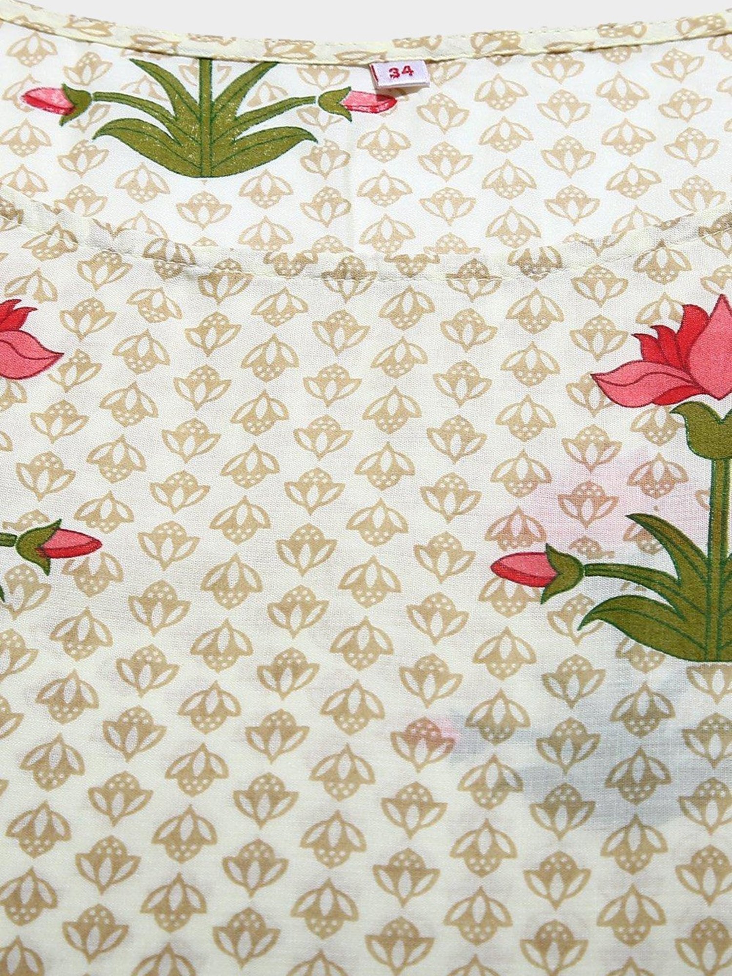 Biba Beige Printed Double Layered Kurta With Pant & Dupatta