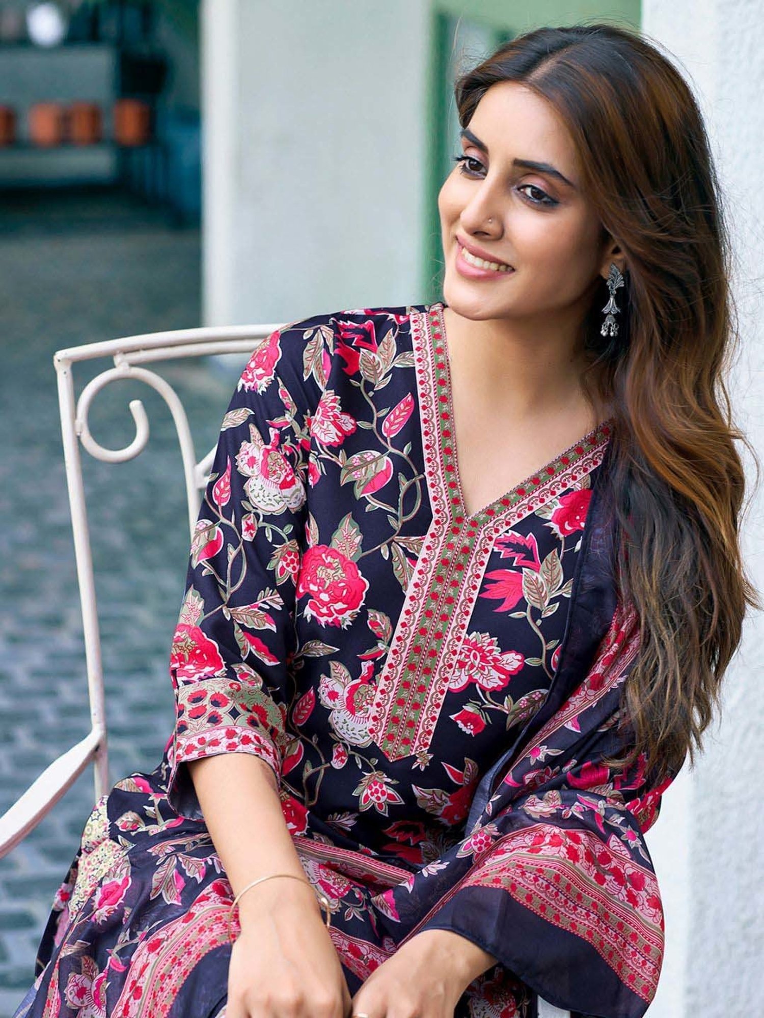 Skylee Navy Printed Kurta Pant Set With Dupatta