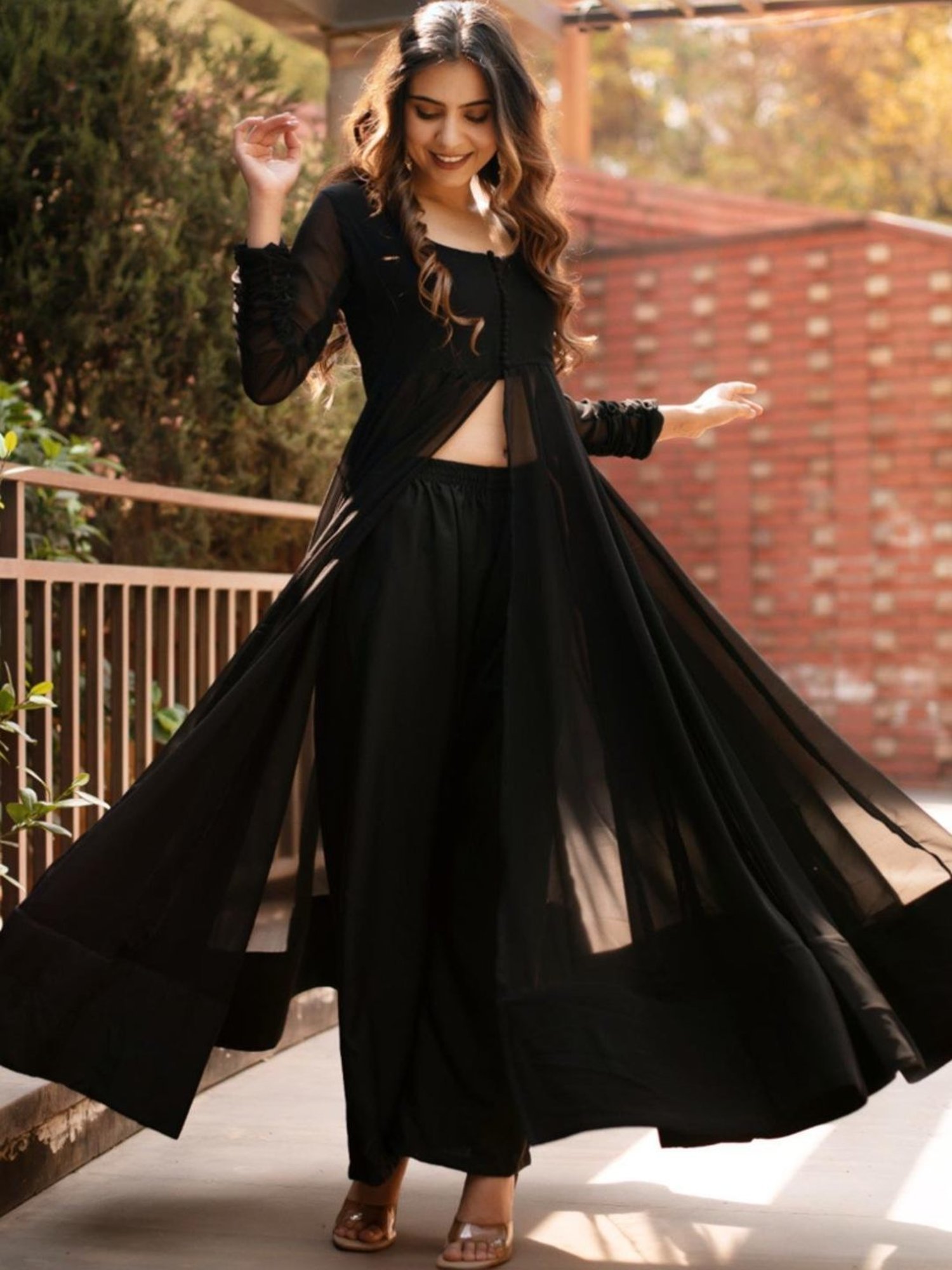 Calmna Black Georgette Cape with Pant Co-ord Set