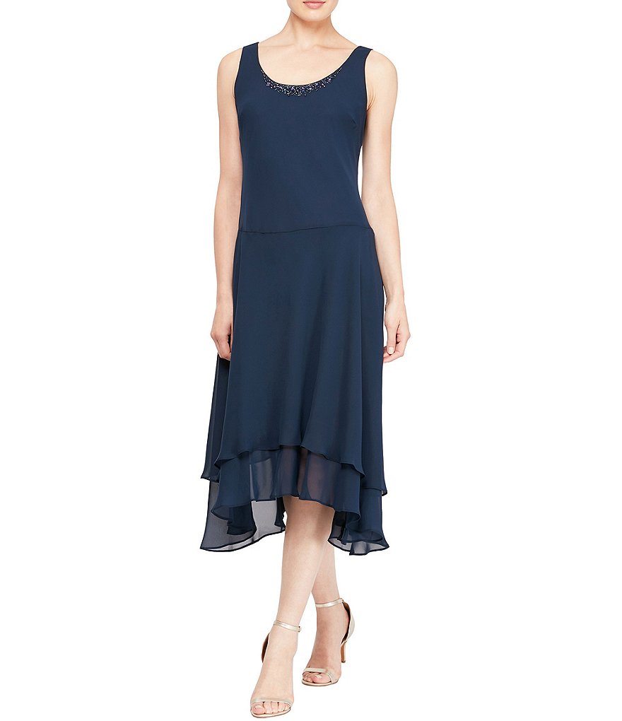 Ignite Evenings Petite Size Scoop Neck Long Sleeve Sequined Shoulder Midi Length 2-Piece Jacket Dress