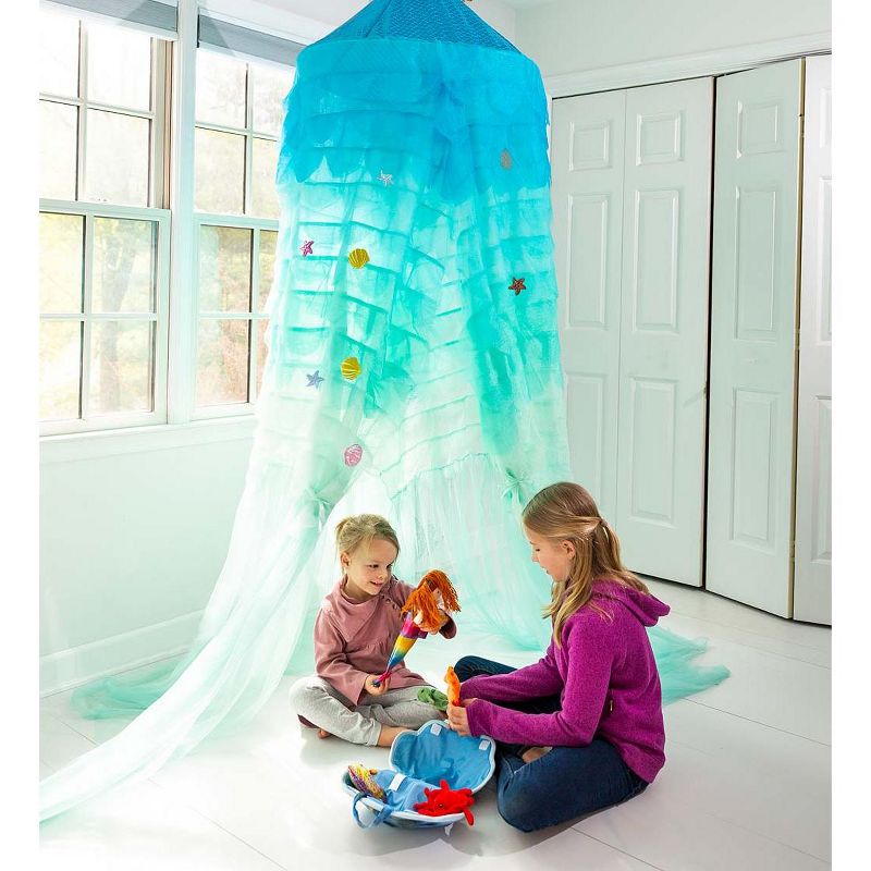 HearthSong Mermaid Blue Scalloped Gauze Canopy with LED Lights and Decorative Appliqu'e Shells and Starfish