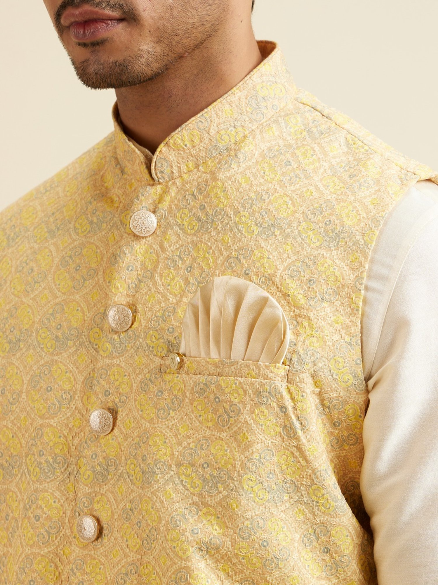 Manyavar Yellow Regular Fit Embroidered Nehru Jacket