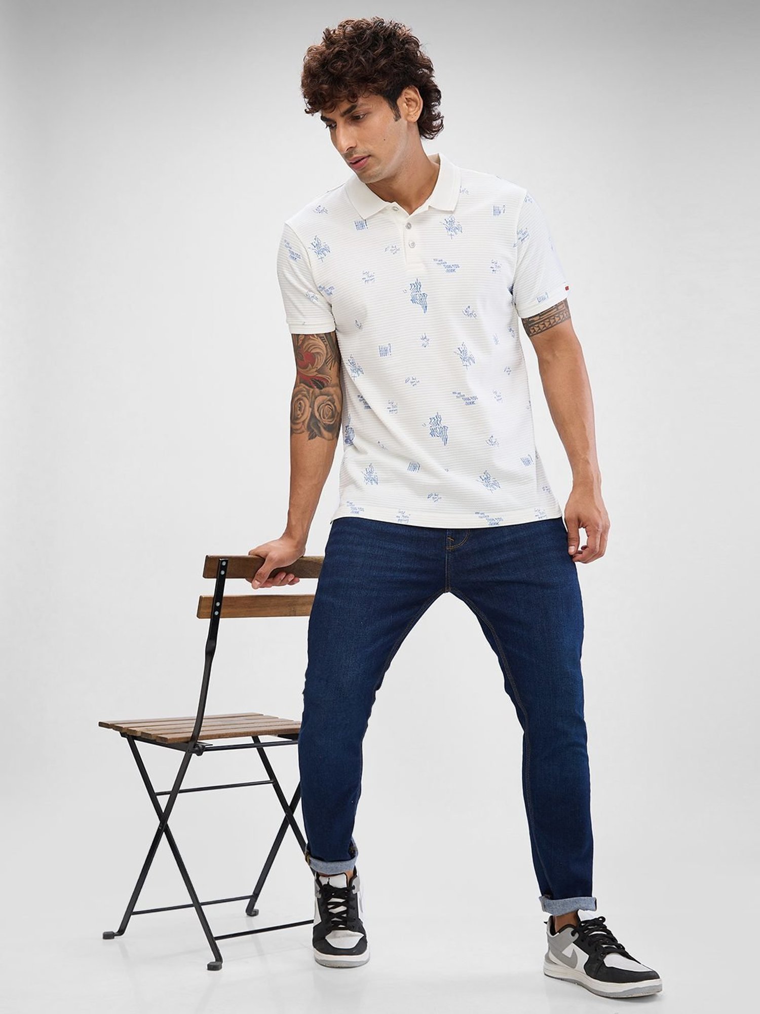 Spykar White Slim Fit Printed Polo T-Shirt