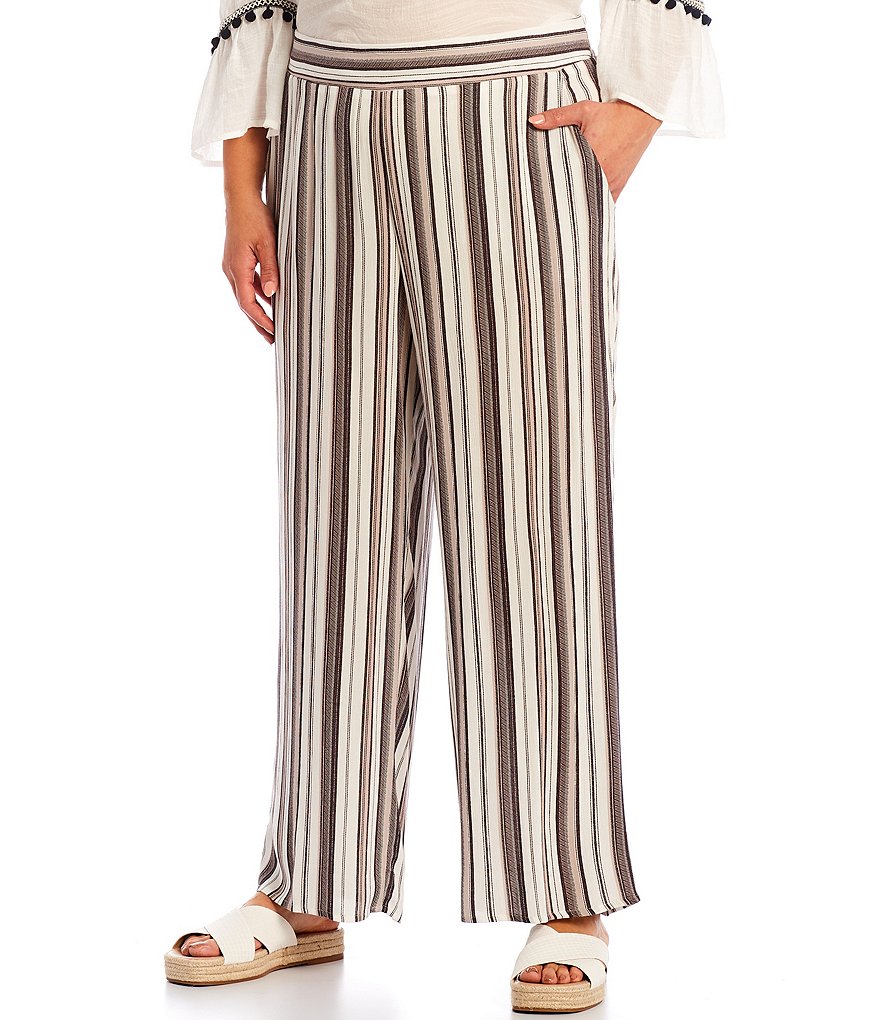 I.N. Studio Plus Size Stripe Print Crepon Pull-On Wide Leg Pants