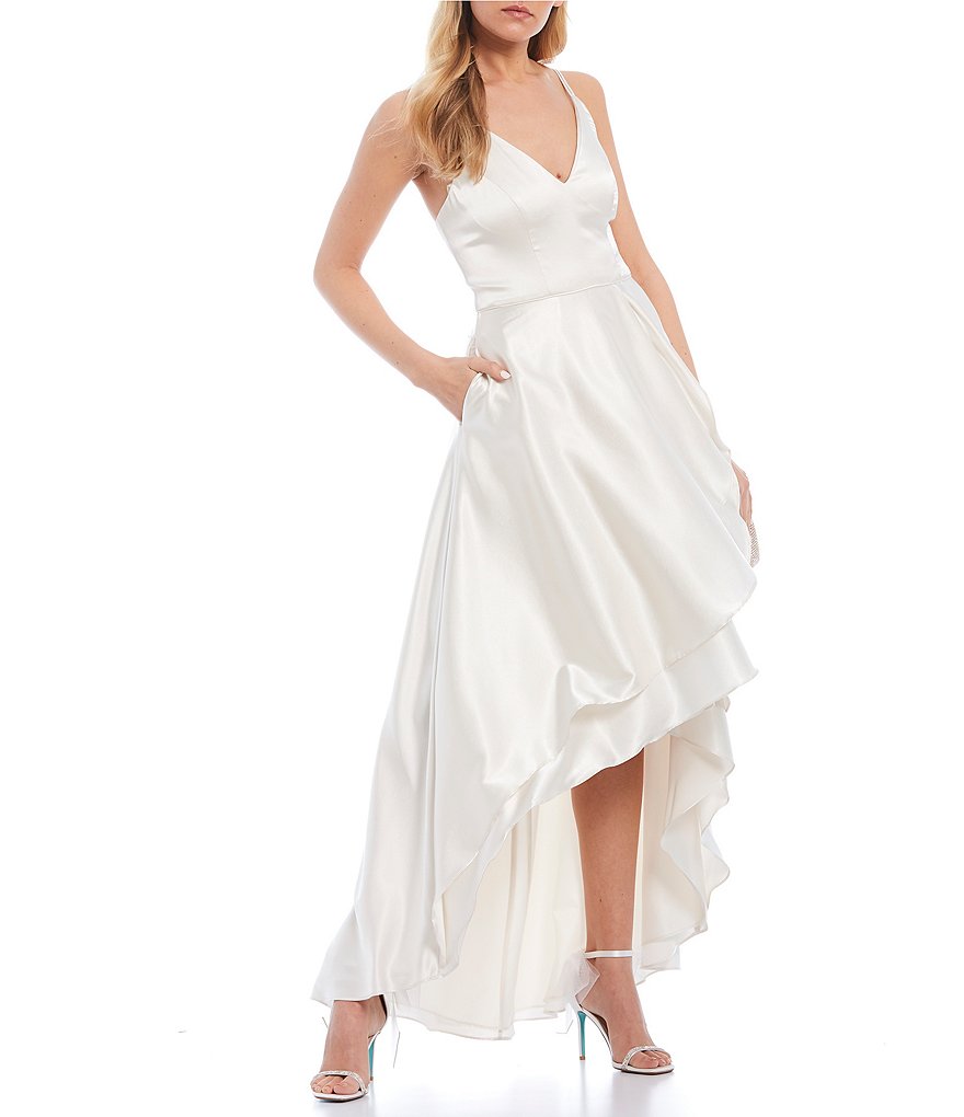 Sequin Hearts Double Spaghetti Strap V-Neck Ruffled Satin Long High-Low Dress