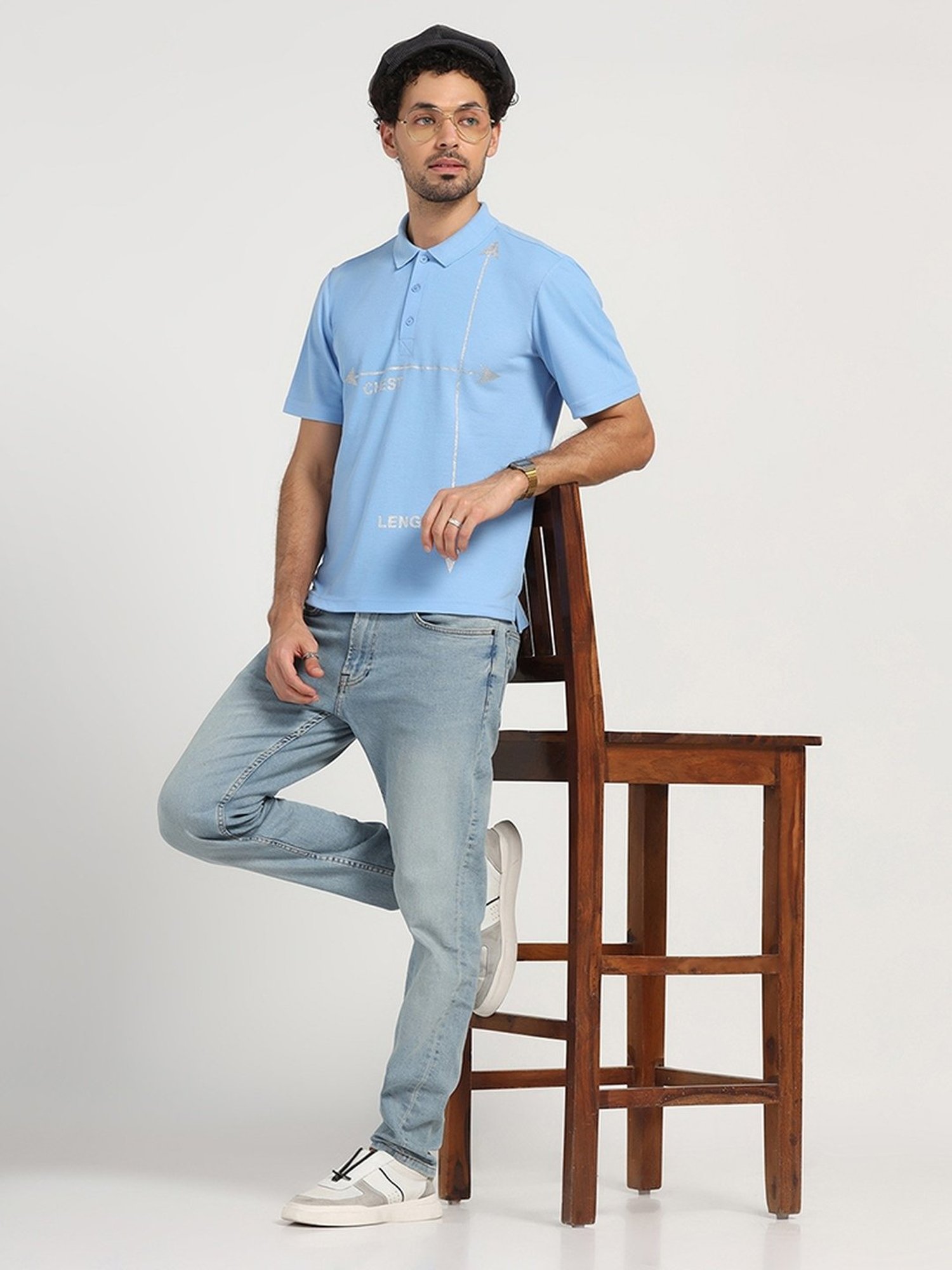 Lela Sky Blue Regular Fit Printed Polo T-Shirt