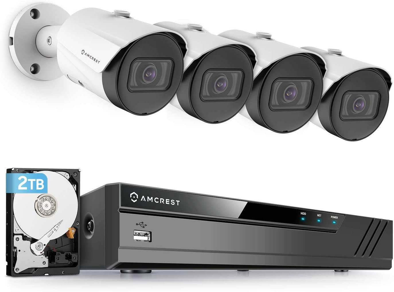 Amcrest 5MP Security Camera System, 4K 8CH PoE NVR, (4) x 5-Megapixel 2.8mm Wide Angle Lens Weatherproof Metal Bullet POE IP Cameras, Pre-Installed 2TB Hard Drive, NV4108E-IP5M-B1186EW4-2TB (White)