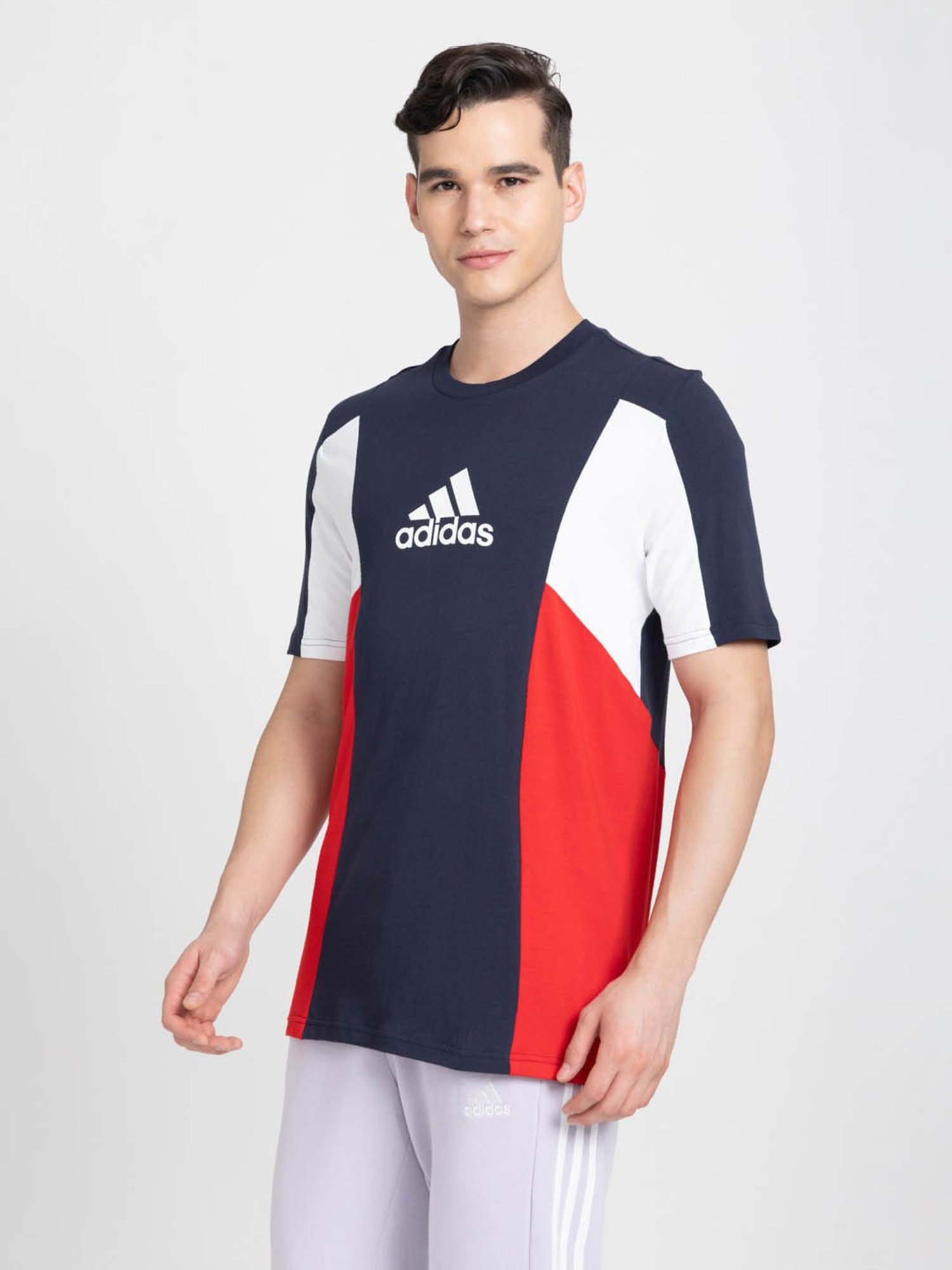 Adidas Black Cotton Regular Fit Colour Block Sports T-Shirt