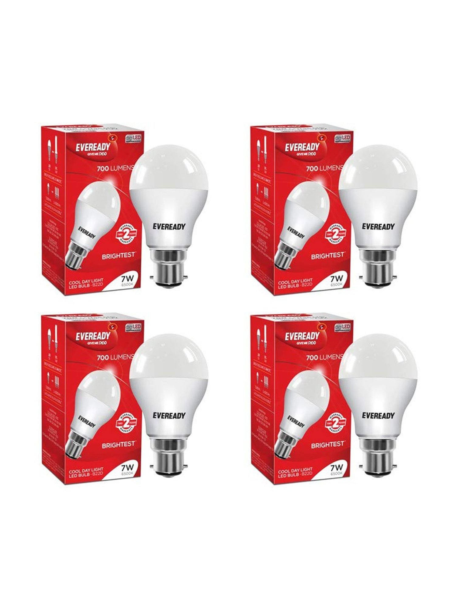 Eveready B22D 7W LED Bulb - Pack of 4 (8901691017990, White)