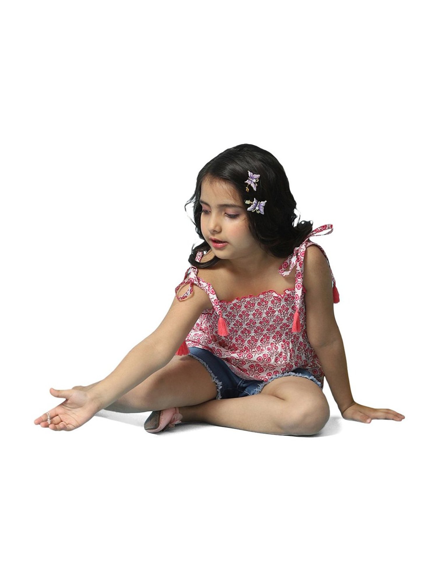 BIBA Girls Pink & White Cotton Printed Top