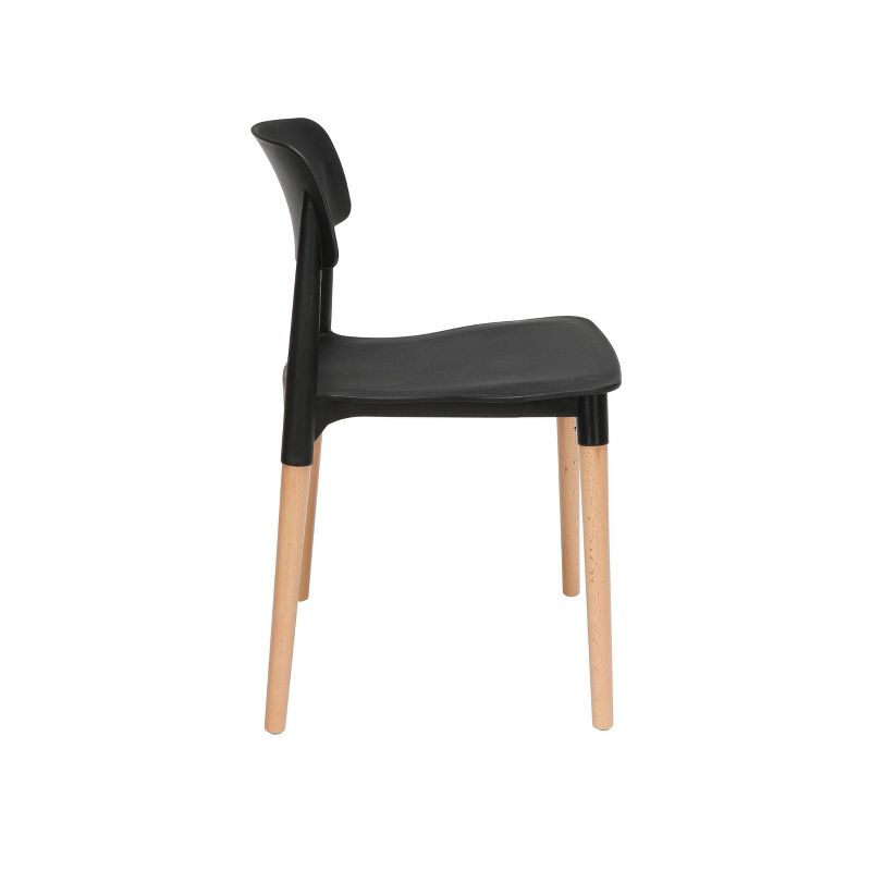 Set of 4 18" Mid-Century Modern Plastic Molded Dining Chairs with Solid Natural Wood Legs Black - OFM