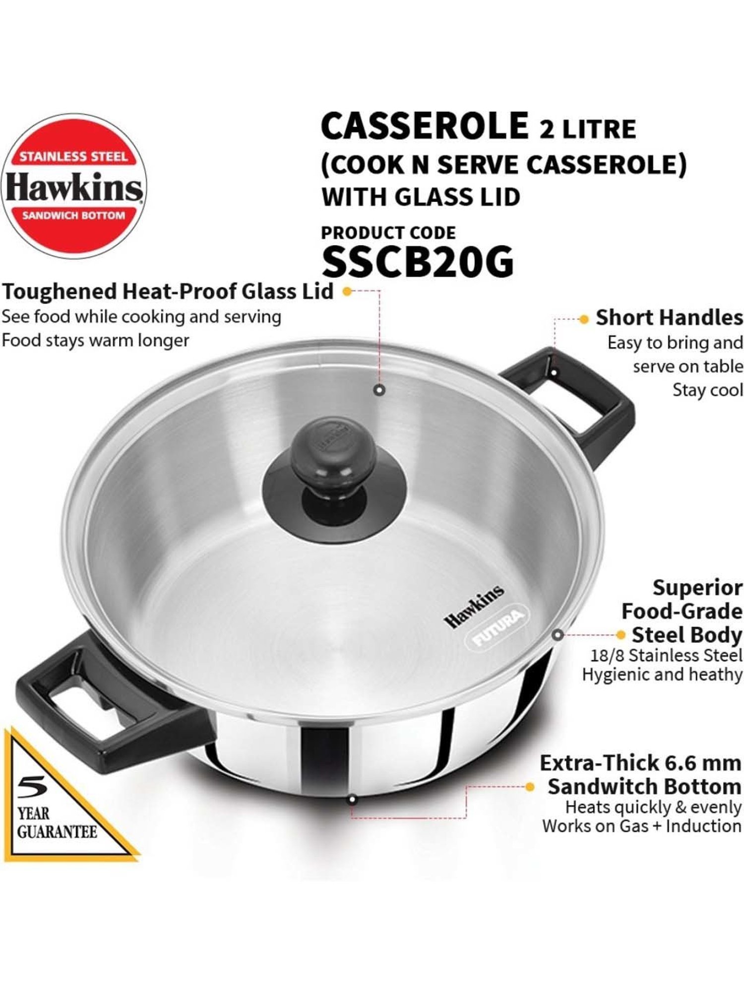 FnS Elantra Silver Stainless Steel Casserole With Lid (0.9 L)