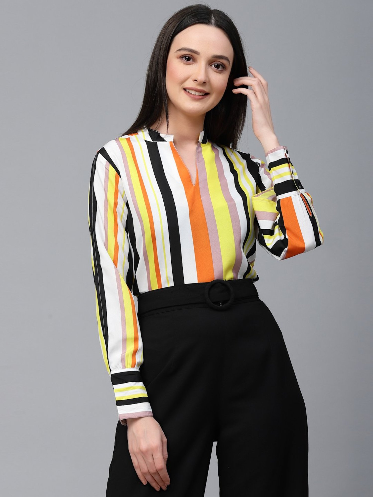 Style Quotient Women Multi Stripe Polyester Regular Smart Casual Top