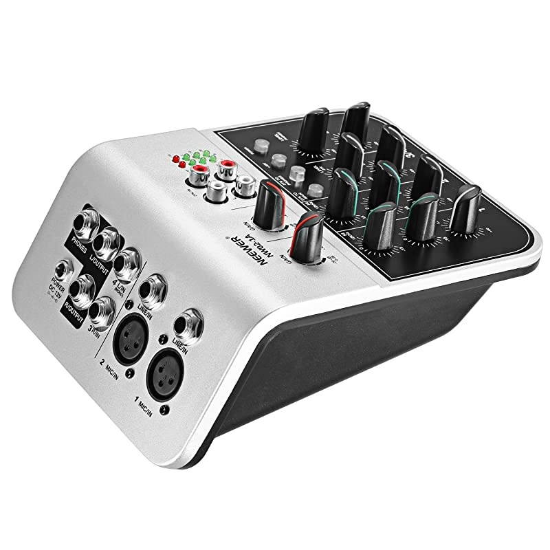 Mixing Console Compact Audio Sound 4Channel Mixer for Condenser Microphone with 48V Phantom Power 2 Band EQ 2way Stereo Line Input RCA InputOutput 4 Band LED Level Indicator NW021A