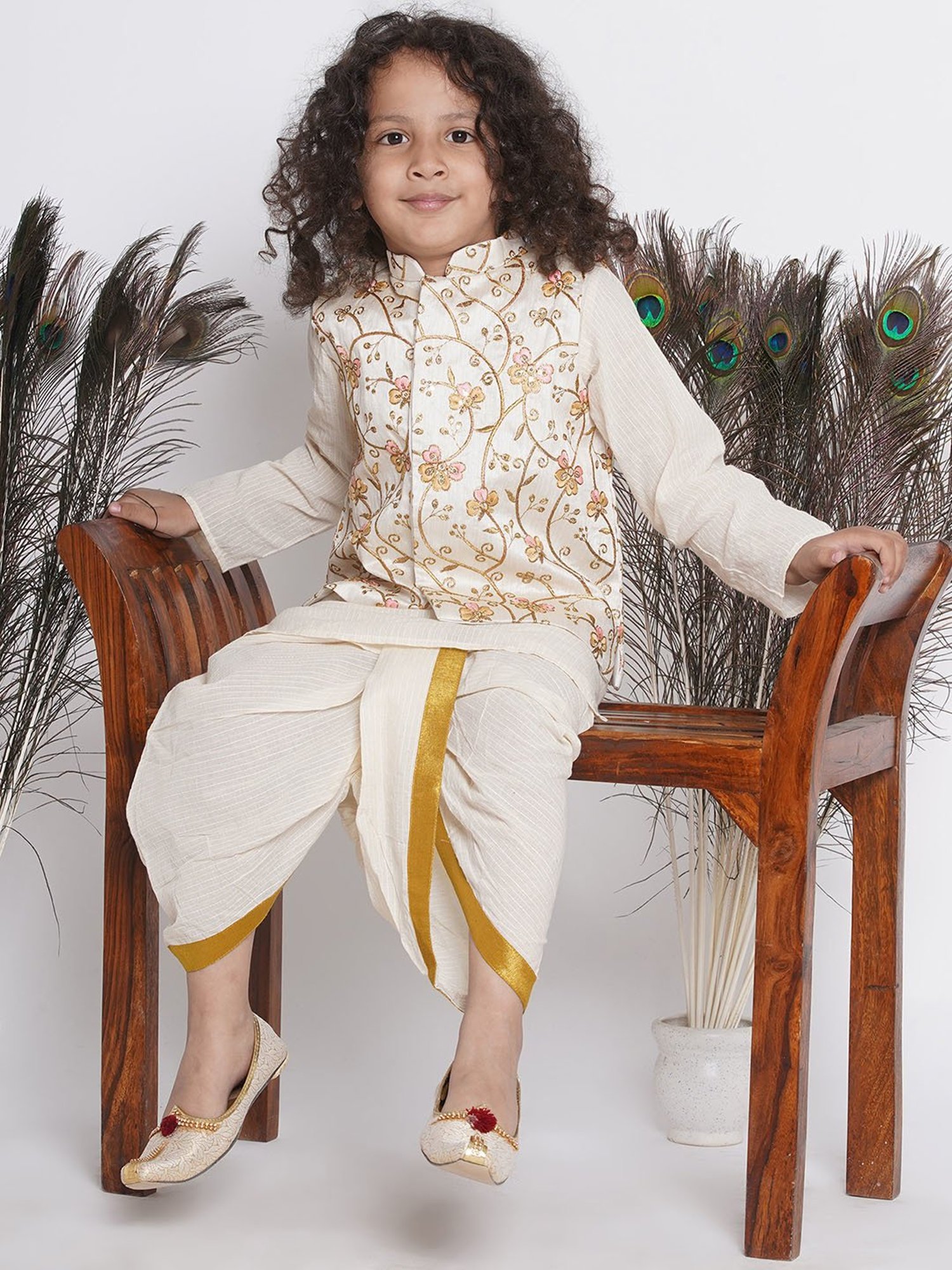 Little Bansi Kids Cream Embroidered Full Sleeves Kurta , Jacket with Dhoti
