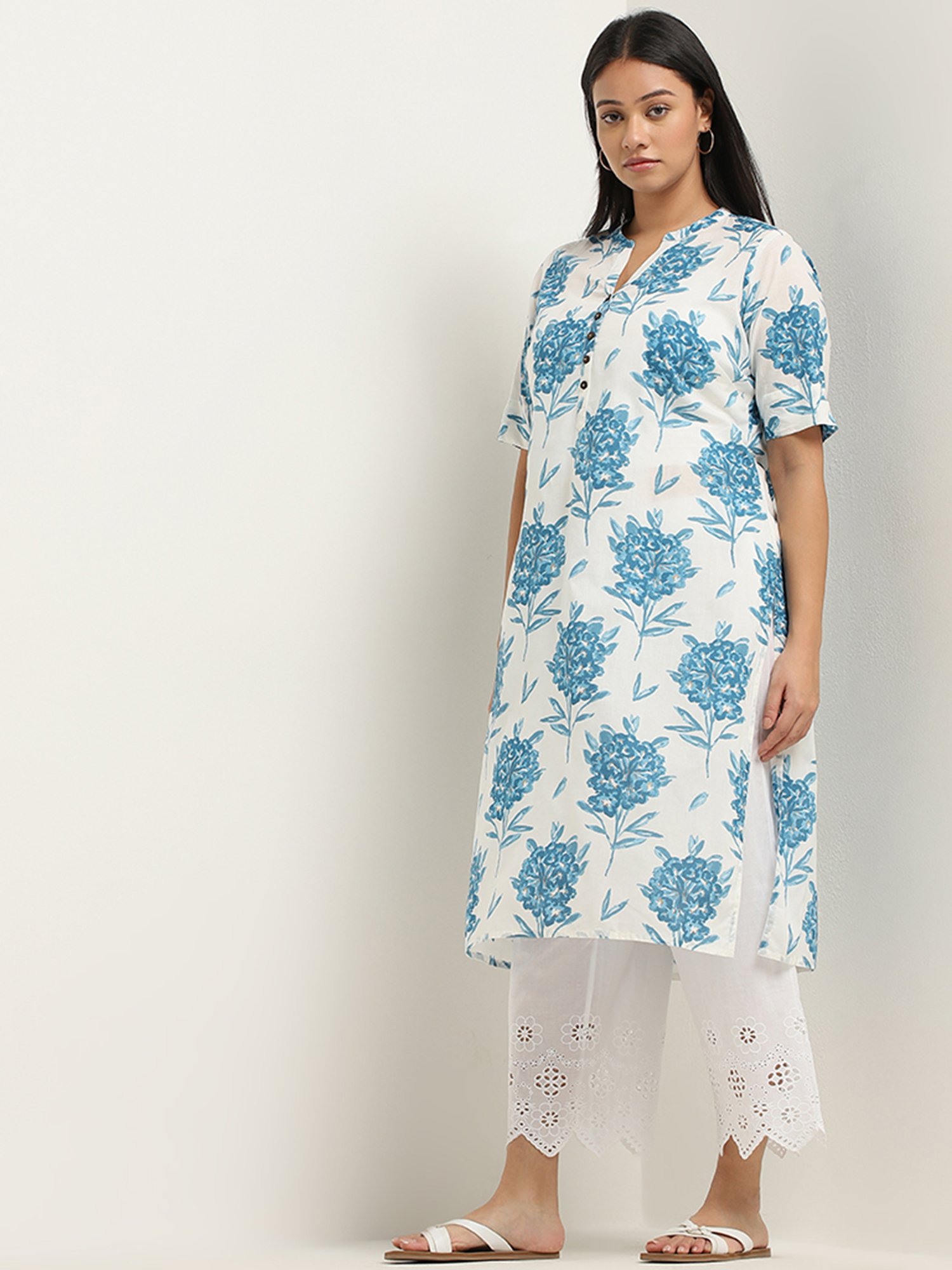Diza by Westside Blue Floral Design Straight Cotton Kurta