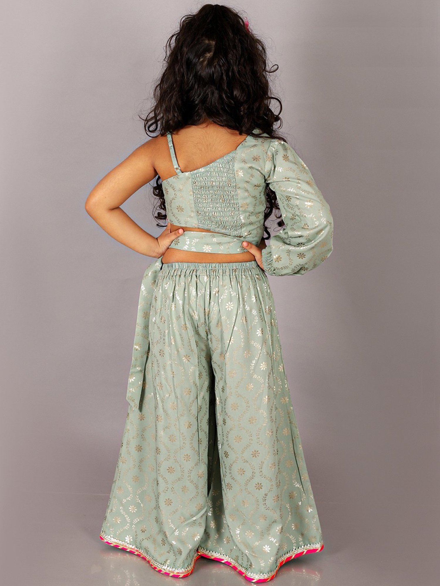 Lil Drama Kids Sage Green Floral Print Full Sleeves Crop Top with Plazzos