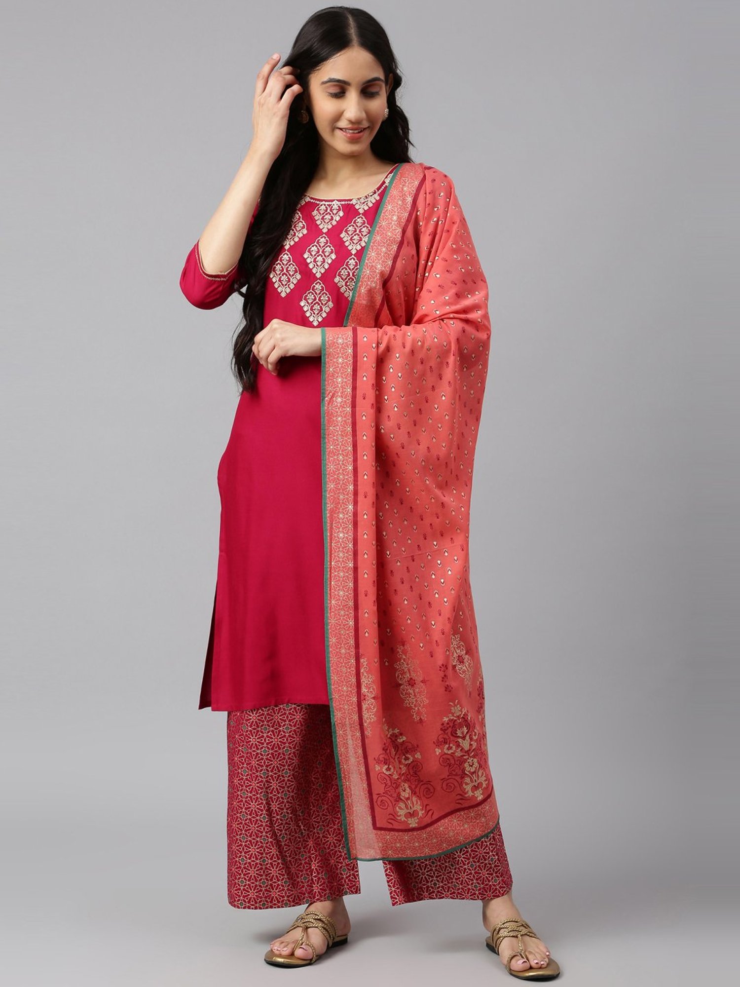 Aurelia Pink Embroidered Kurta Palazzo Set With Dupatta