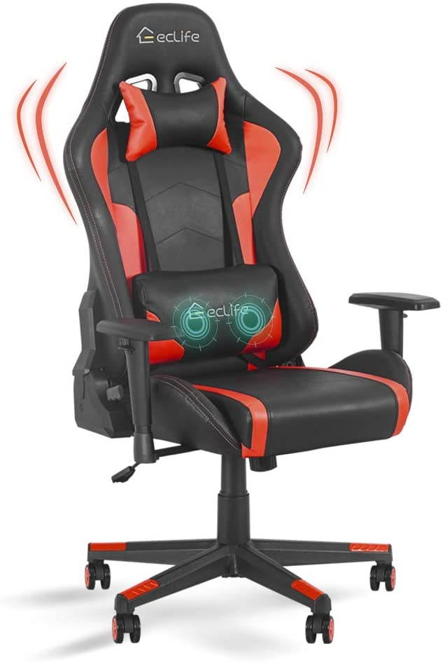 Eclife High Back Computer Game Chair with Adjustable Massage Lumbar Support and Headrest Racing Style Swivel Executive Office Desk Gaming Chair