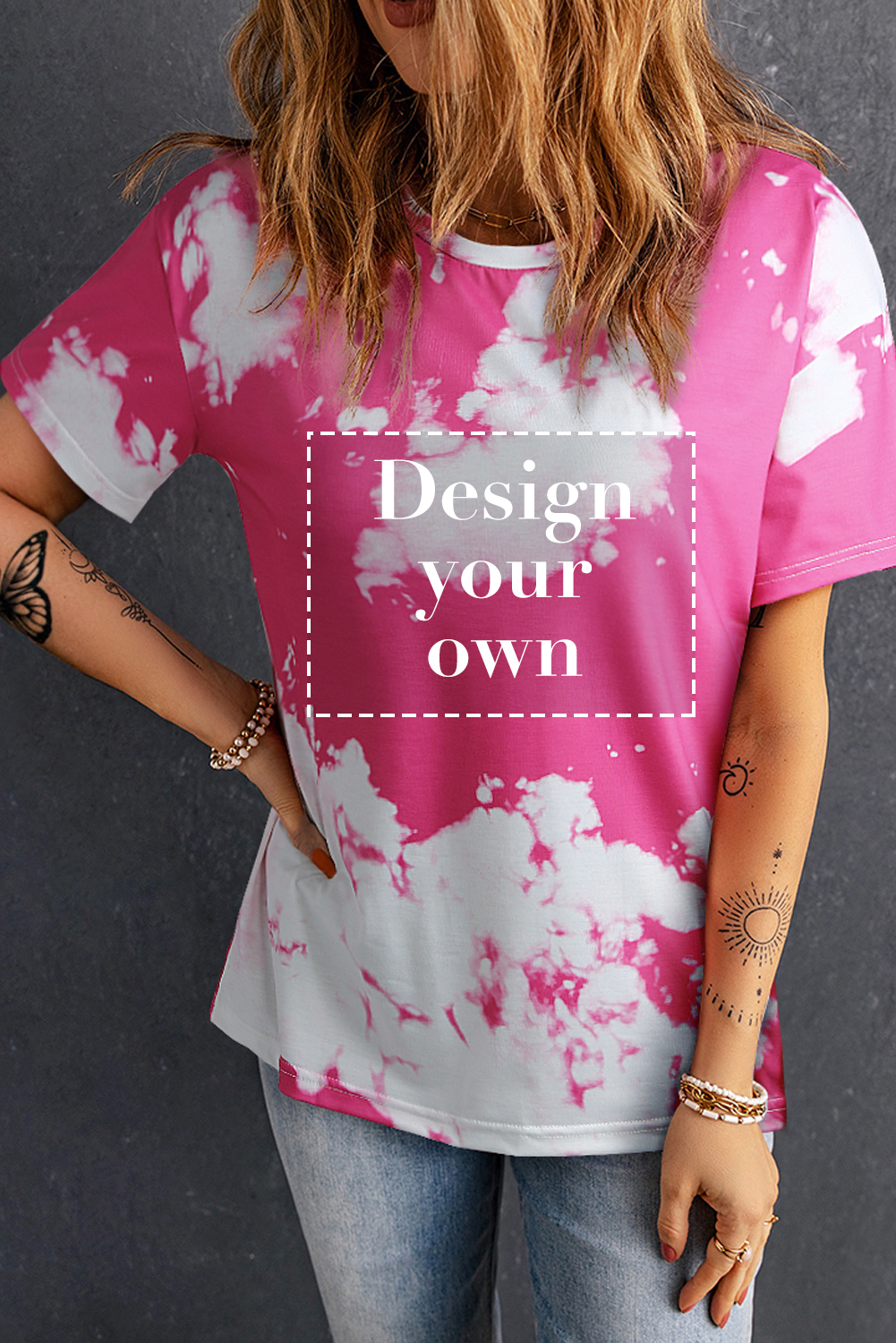 Pink Tie Dye Short Sleeve Crew Neck T Shirt Customized