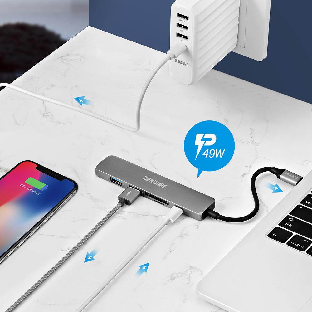 6-in-1 usb-c hub, zendure 49w slim aluminum adapter with 4k usb c to hdmi, microsd/sd card reader, 2 usb 3.0 ports, for macbook