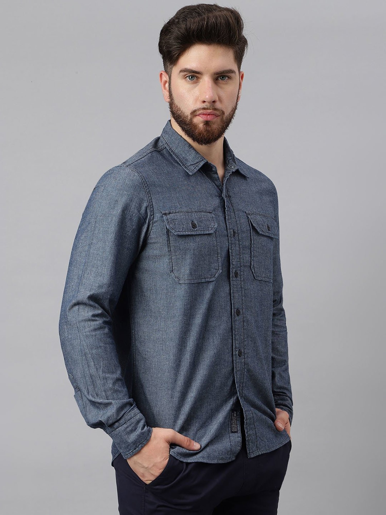 Woodland Blue Cotton Regular Fit Textured Shirt