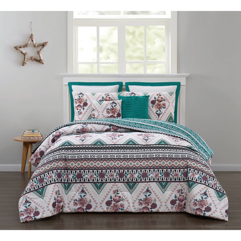 Geneva Home Fashion King 7pc Aurora Stone Aztec Comforter & Sham Set Blush/Teal