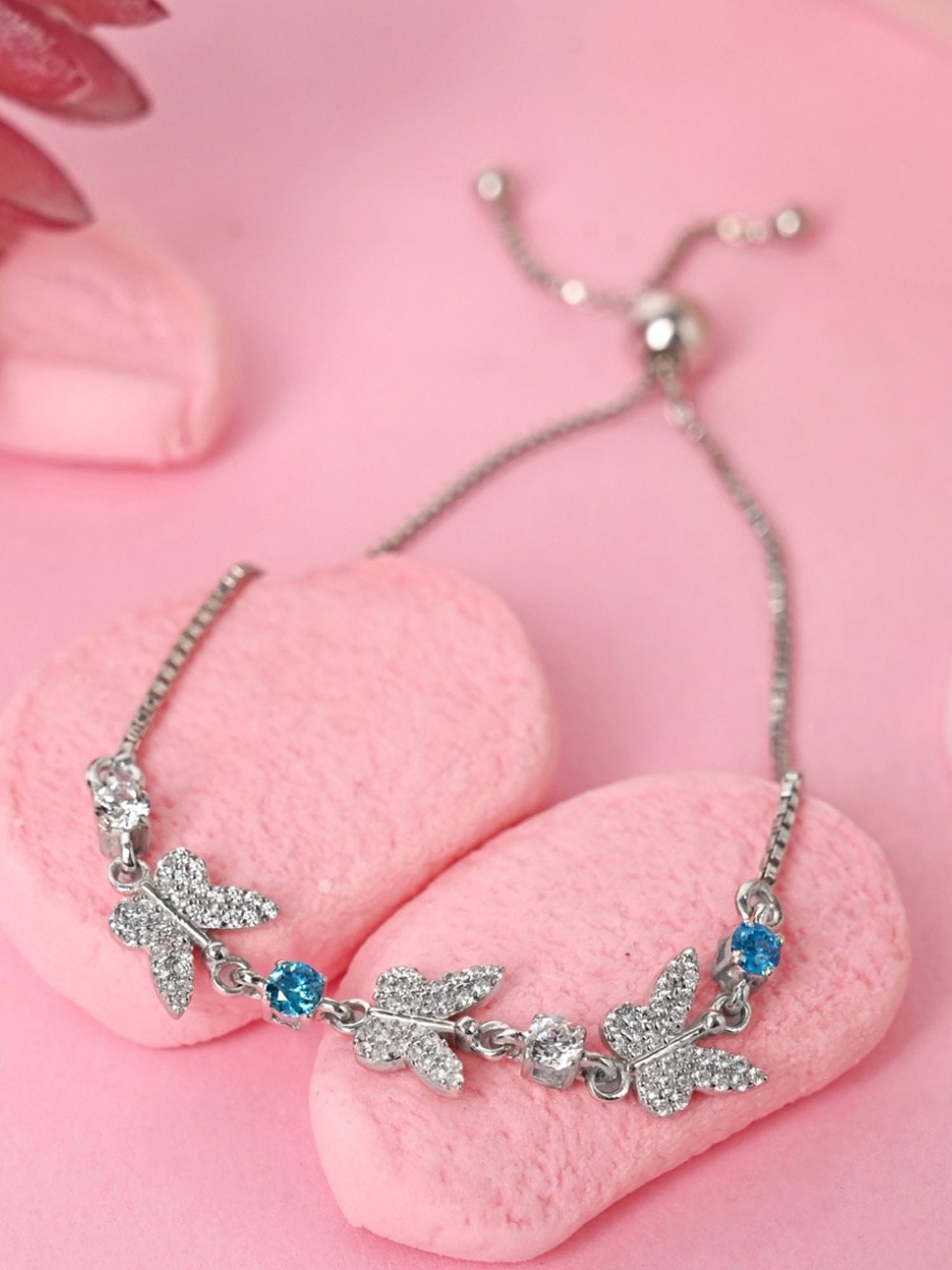 Clara 92.5 Sterling Silver Adjustable Anti Tarnish Swiss Zirconia Blue Butterfly Bracelet for Women