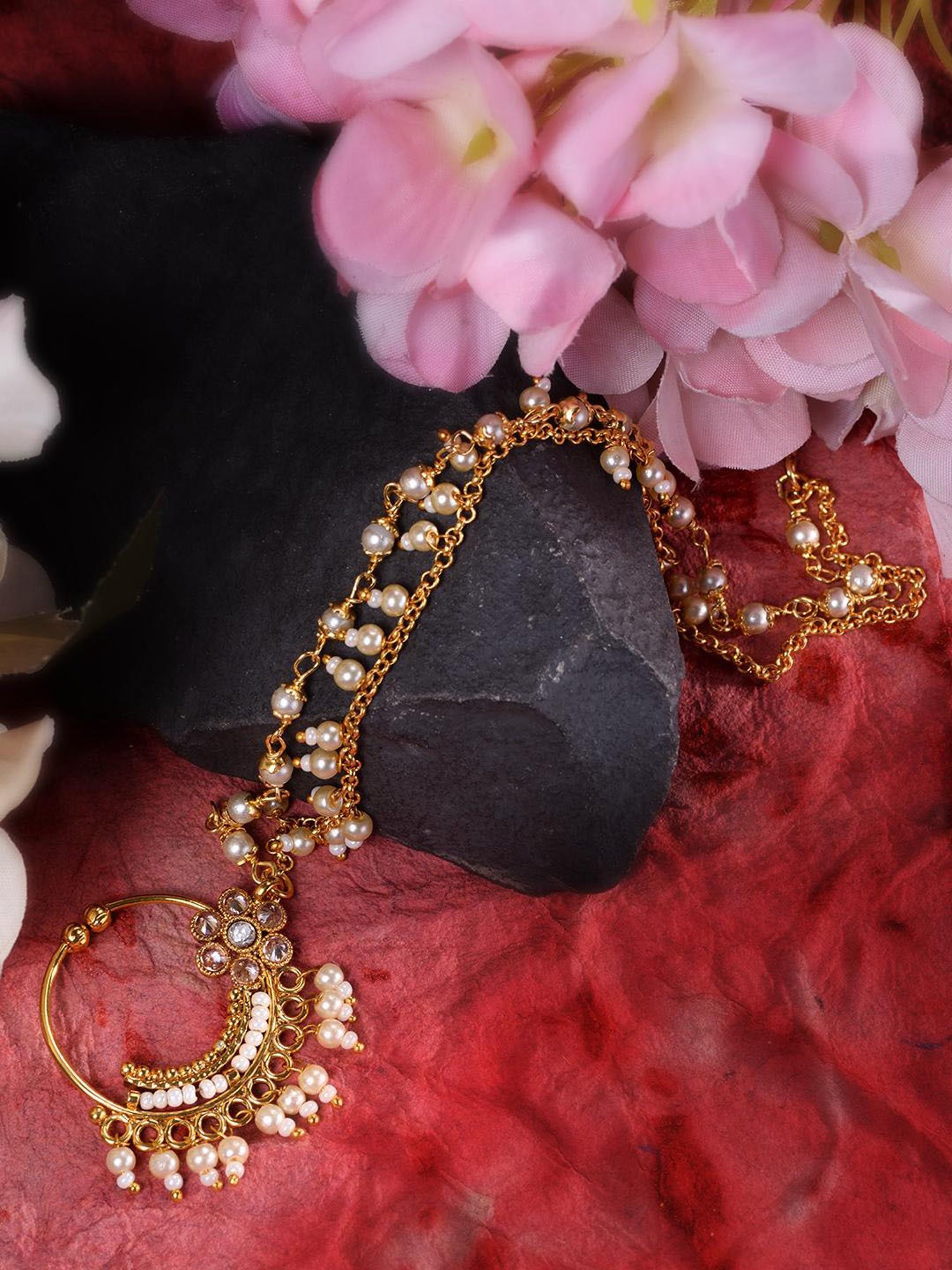 Saraf Rs Jewellery Gold Toned White Pearl Beaded Designer Nath Nose Ring With Chain