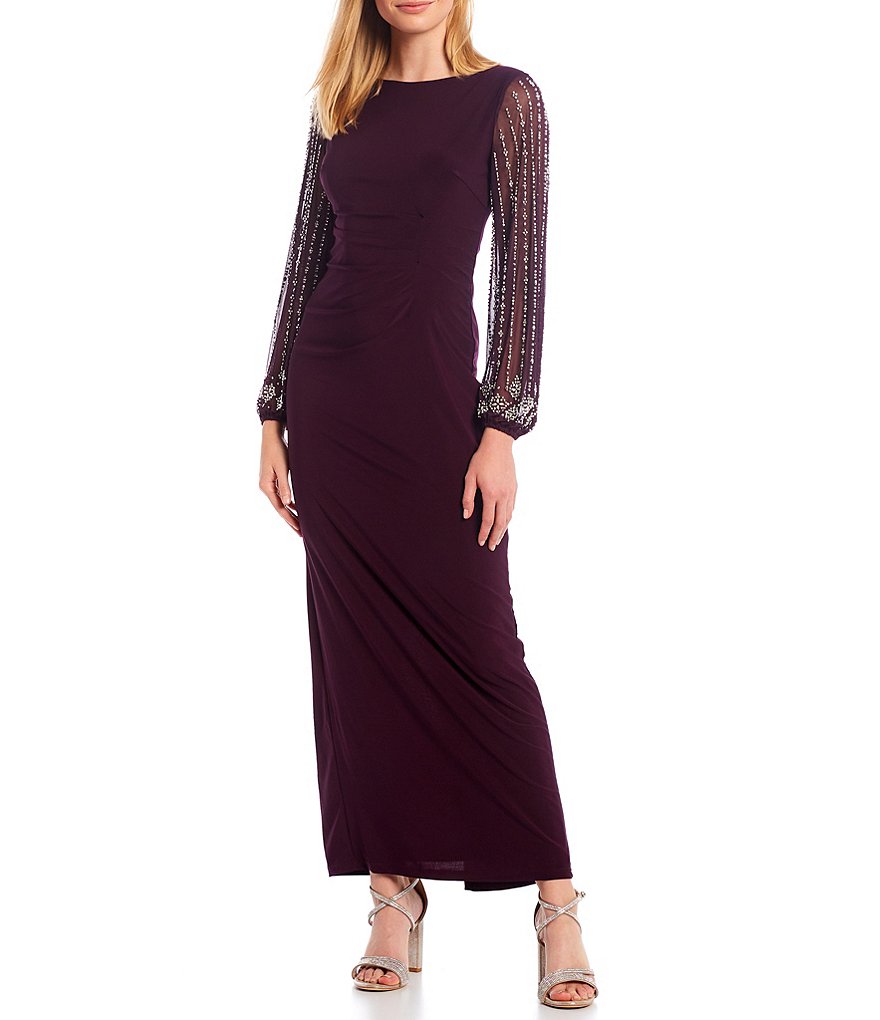 Marina Bateau Neck Long Beaded Sleeve Matte Jersey Gown