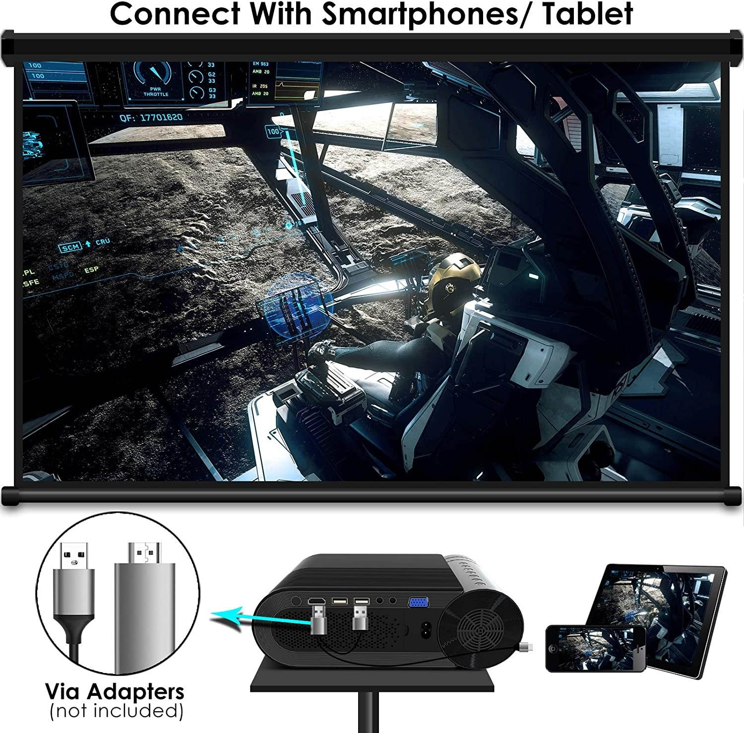 ELEPHAS YG420 Video Projector Native 720P, Supported 1080P HD,  200" LED Portable Movie Projector with 100 Inch Screen, Compatible with HDMI VGA AV USB Micro SD