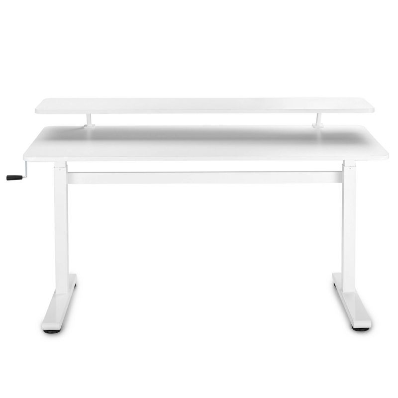 Tranzendesk Standing Desk with Clamp-On Shelf - 55" Sit to Stand Workstation with 55" Monitor Stand - White - Stand Steady