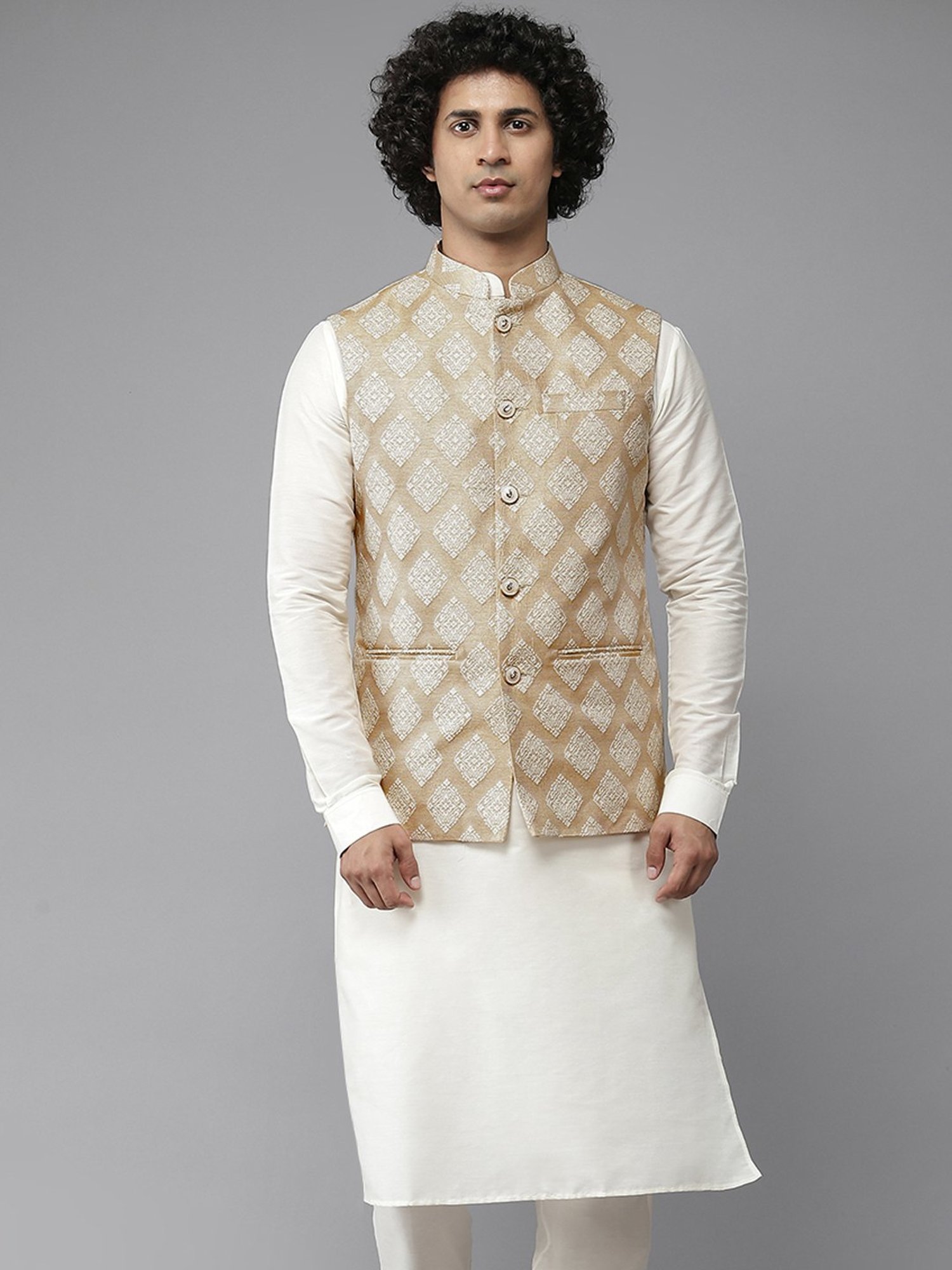 See Designs Gold Regular Fit Self Pattern Nehru Jacket