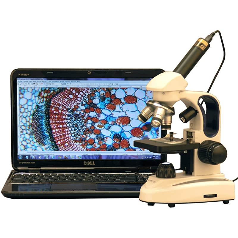 M158C-2L-E1 Digital Cordless Compound Monocular Microscope, WF10x and WF25x Eyepieces, 40x-1000x Magnification, Upper and Lower LED Illumination with Rheostat, Brightfield, Single-Lens Condenser, Coa