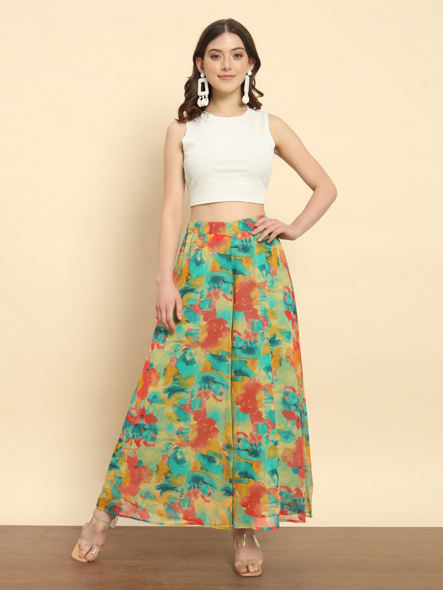 Trend Arrest Multicolor Printed Flared Fit High Rise Palazzos