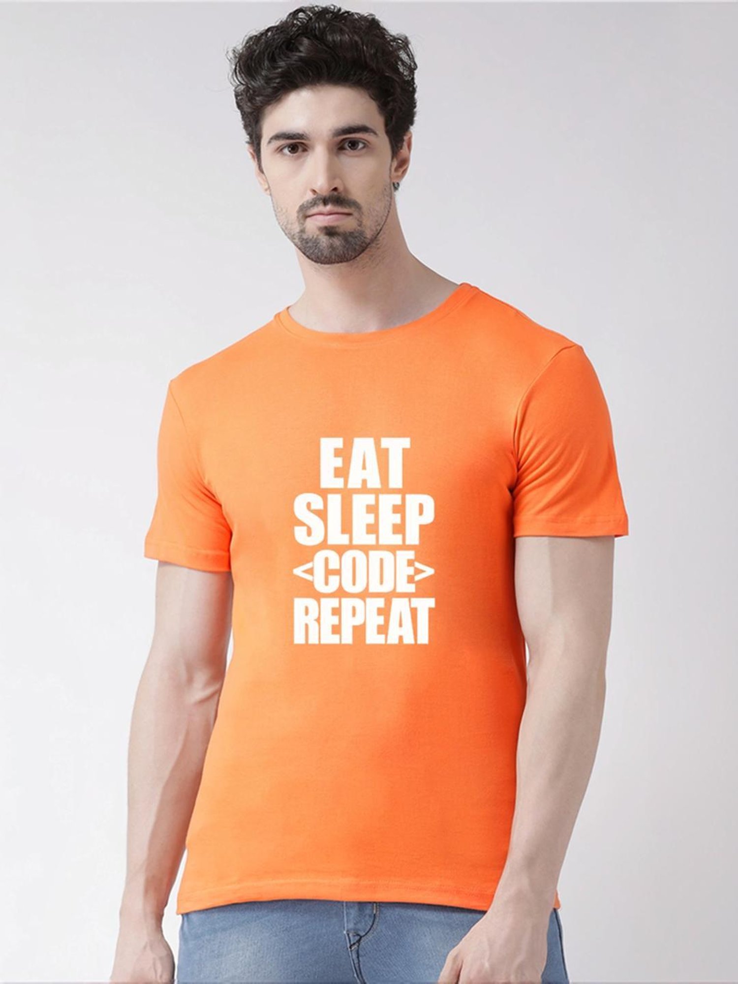 Friskers Orange Cotton Slim Fit Printed T-Shirt