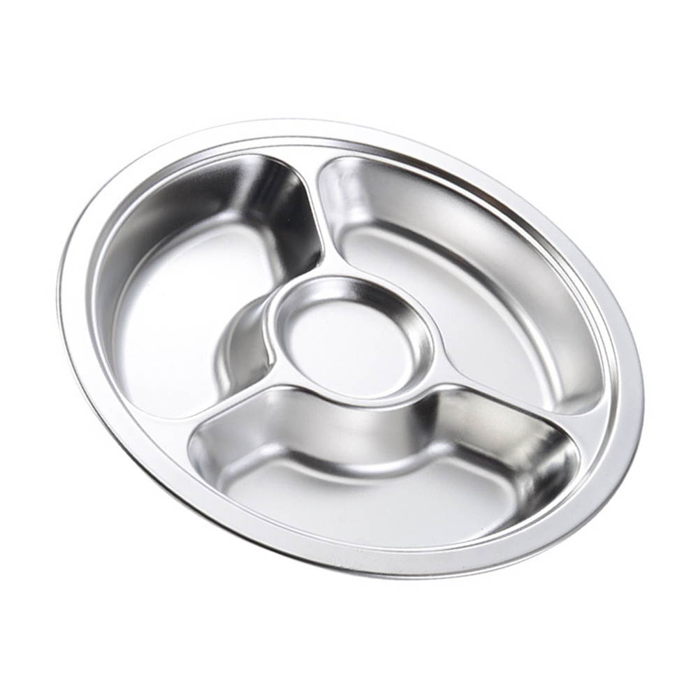 1Pc Sub-Grid Plate 4-grid Plate for Food Stainless Steel Meal Plate Plate Round Food Plate (Silver)