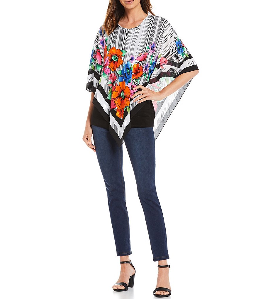 Slim Factor by Investments Floral Scarf Print Overlay Round Neck Poncho Top