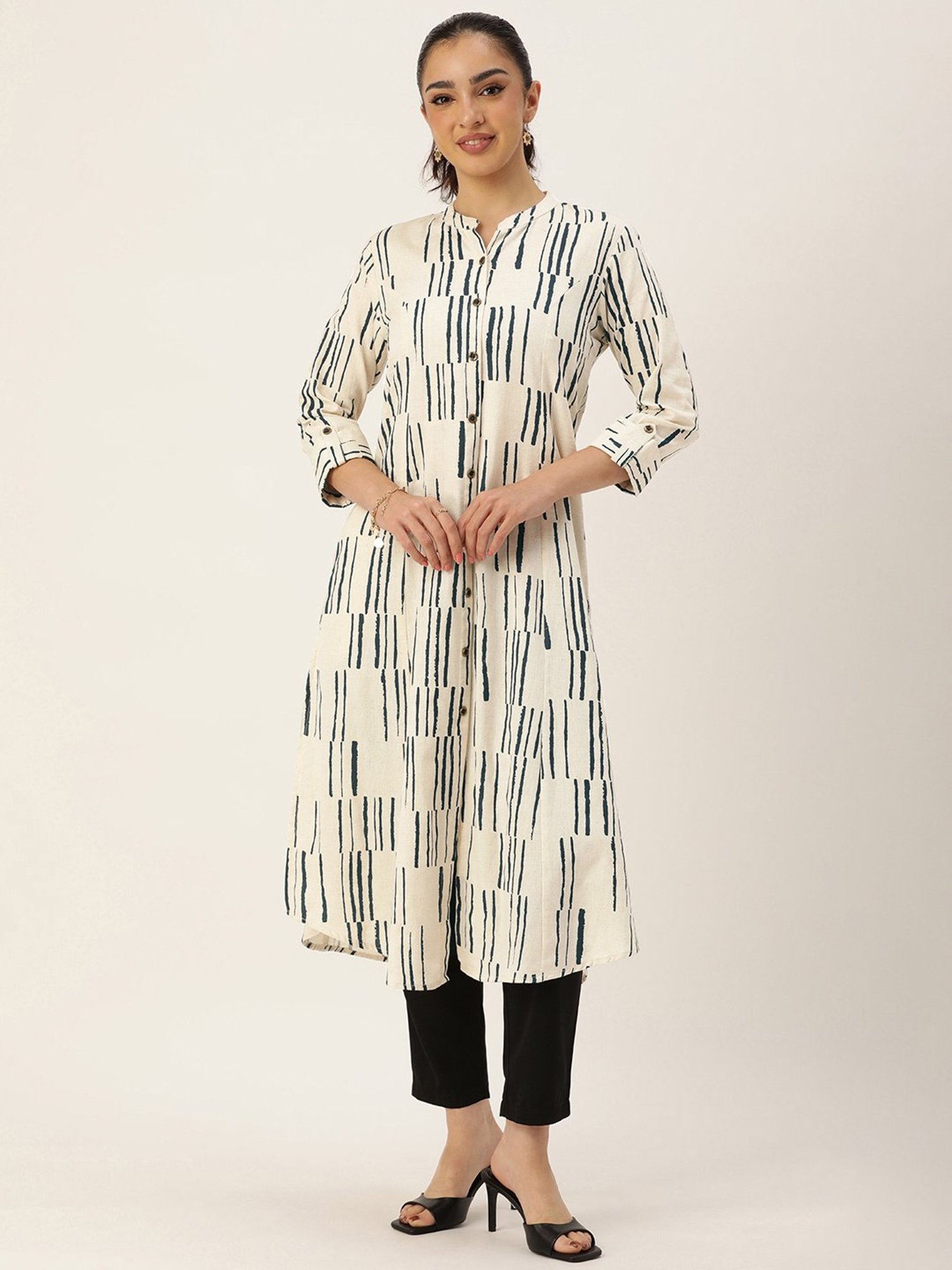 Amukti Beige Floral Print A-Line Kurta