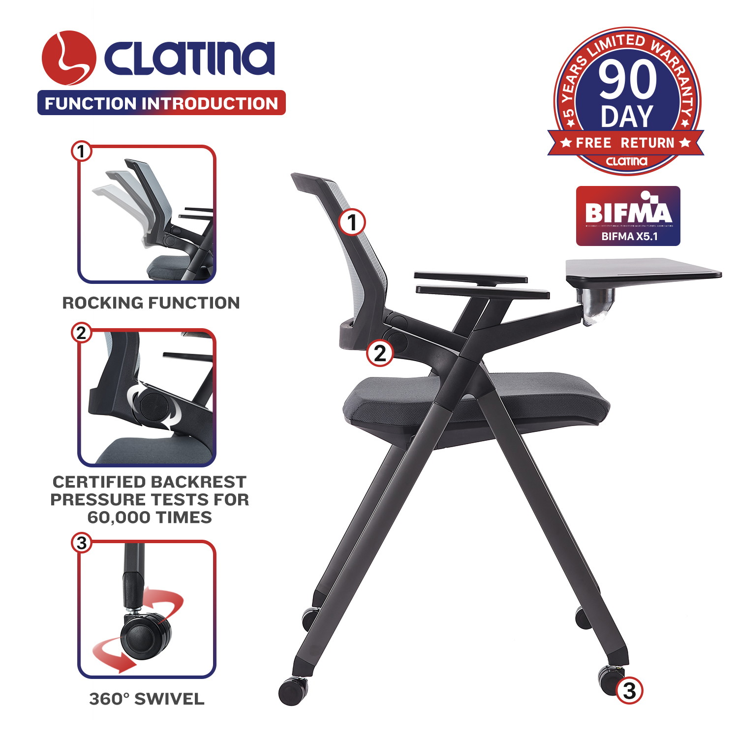 CLATINA Tablet Arm Chair with Caster Wheels Mesh Guest Nesting Stacking for Office School Classroom Training Conference Waiting Room Gray