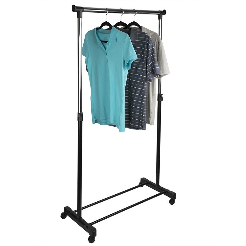 Sunbeam Single Rail Adjustable Rolling Garment and Wardrobe Organizing Rack, Black